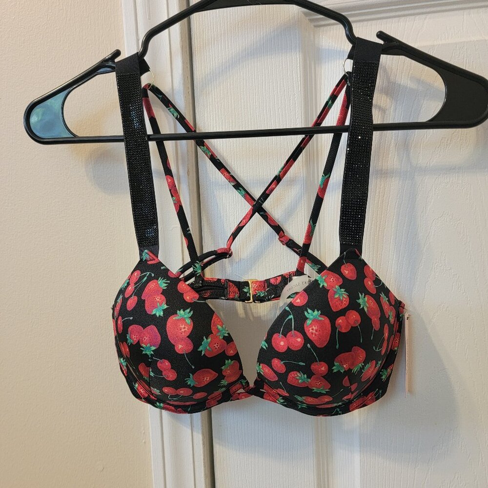 VS Swim Bombshell Bikini Top - Mixed Berry Print w/ Shine Straps - NWT